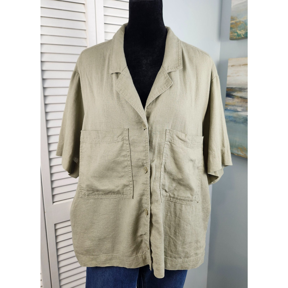 Buffalo David Bitton Linen Blend Button Top XL Army Green Short Sleeve